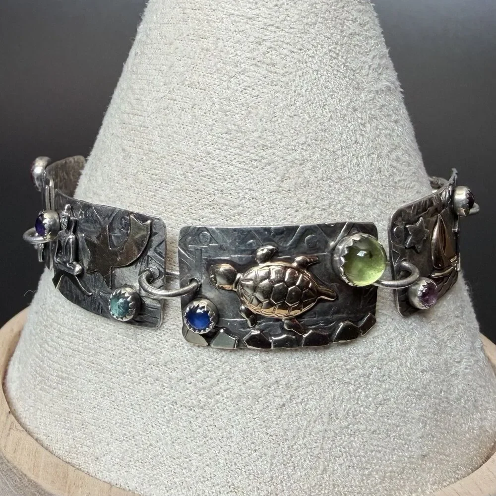 Vintage Handmade Artisan Panel Link Bracelet 925 Sterling Silver 14K Gold & Gems
